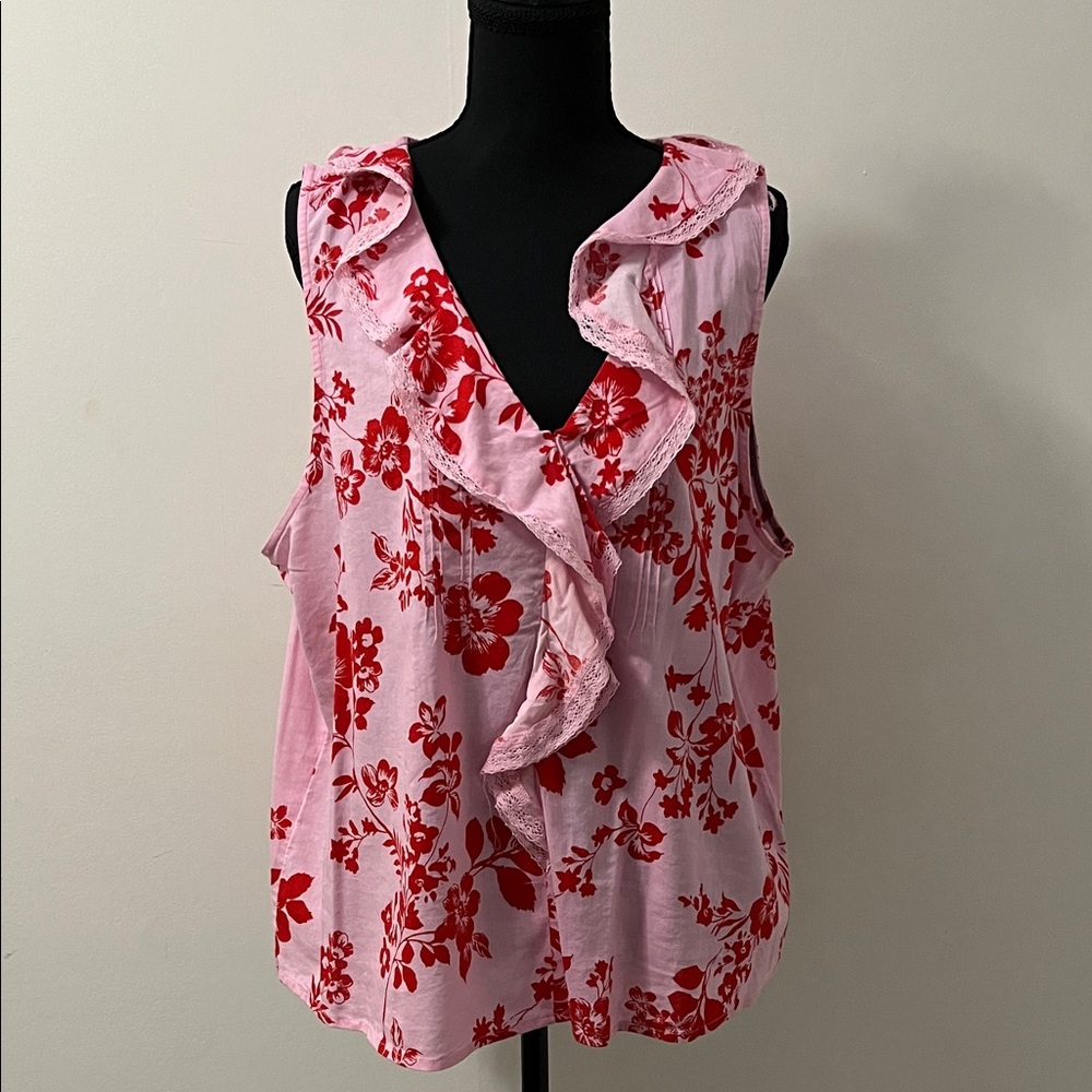 LC Lauren Conrad Pink and Red Floral Ruffle Blouse